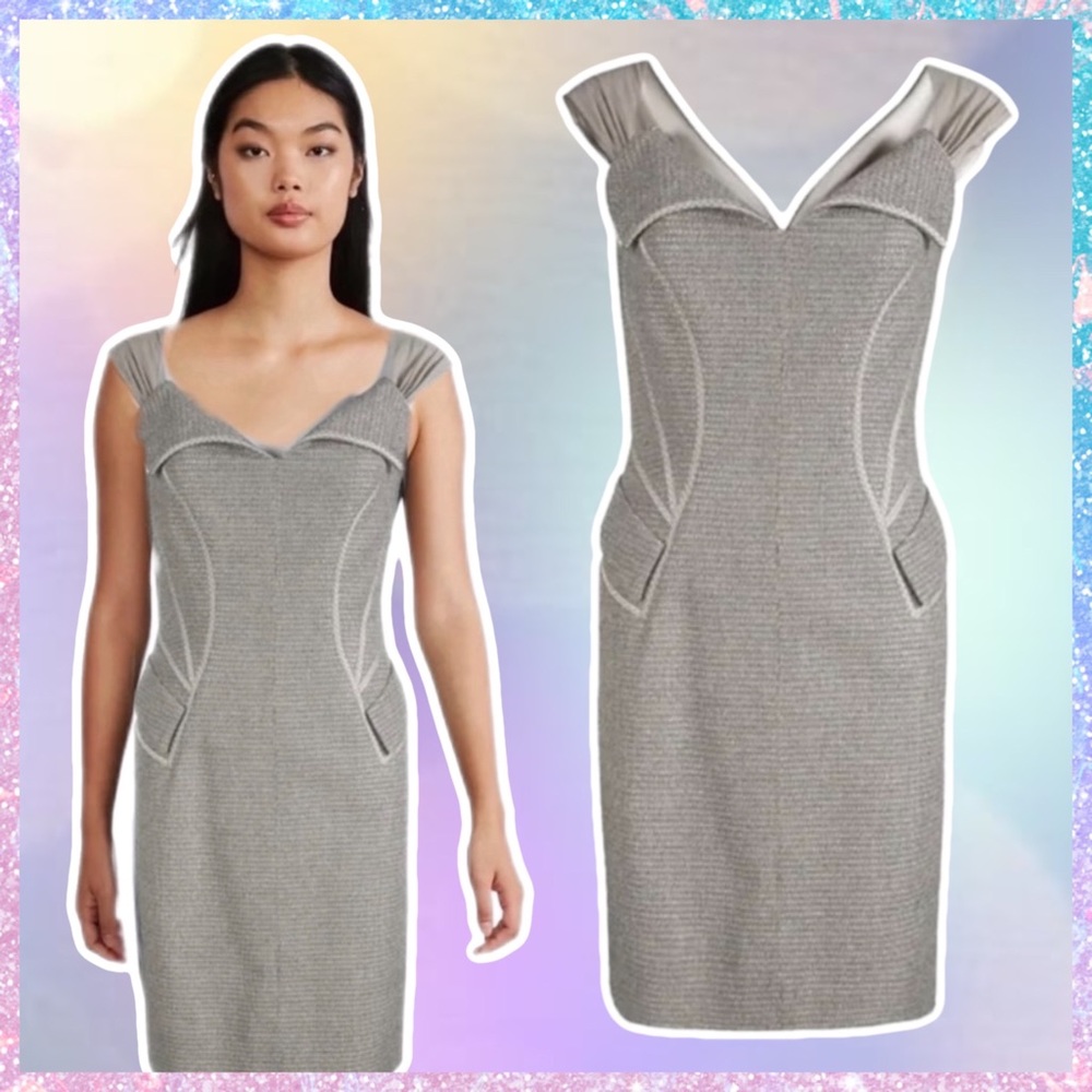 zac posen • platinum silver metallic tweed virgin wool cocktail dress 2